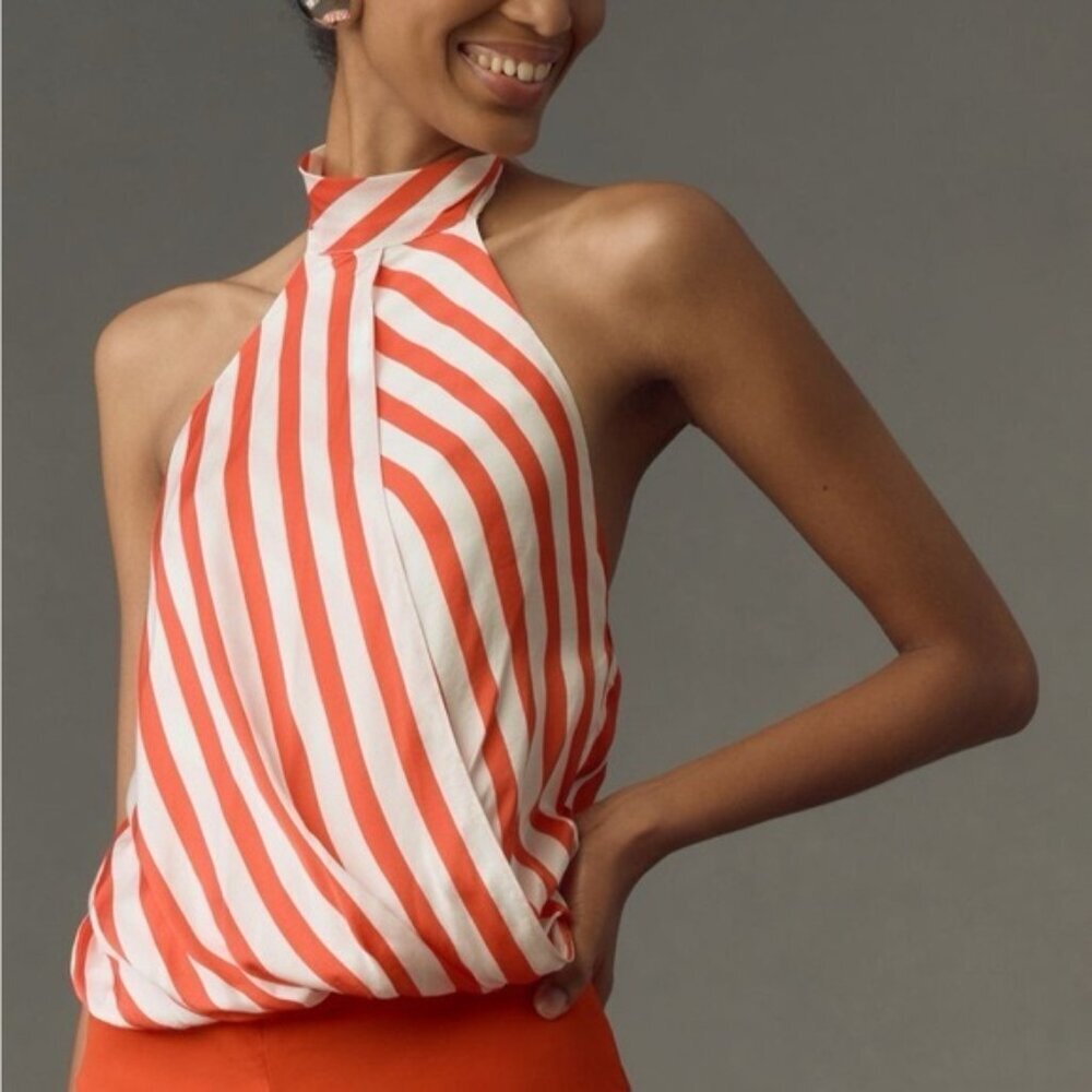 NWT ANTHROPOLOGIE Maeve Halter Scarf‎ Bubble-Hem Tank Candy Cane LARGE